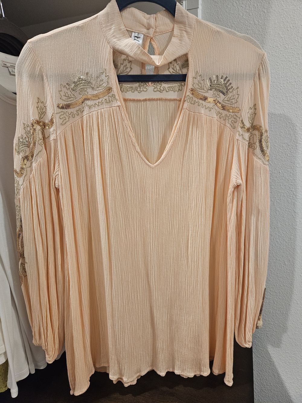 Chicwish Peach Long-Sleeve Embroidered V-Neck Tunic